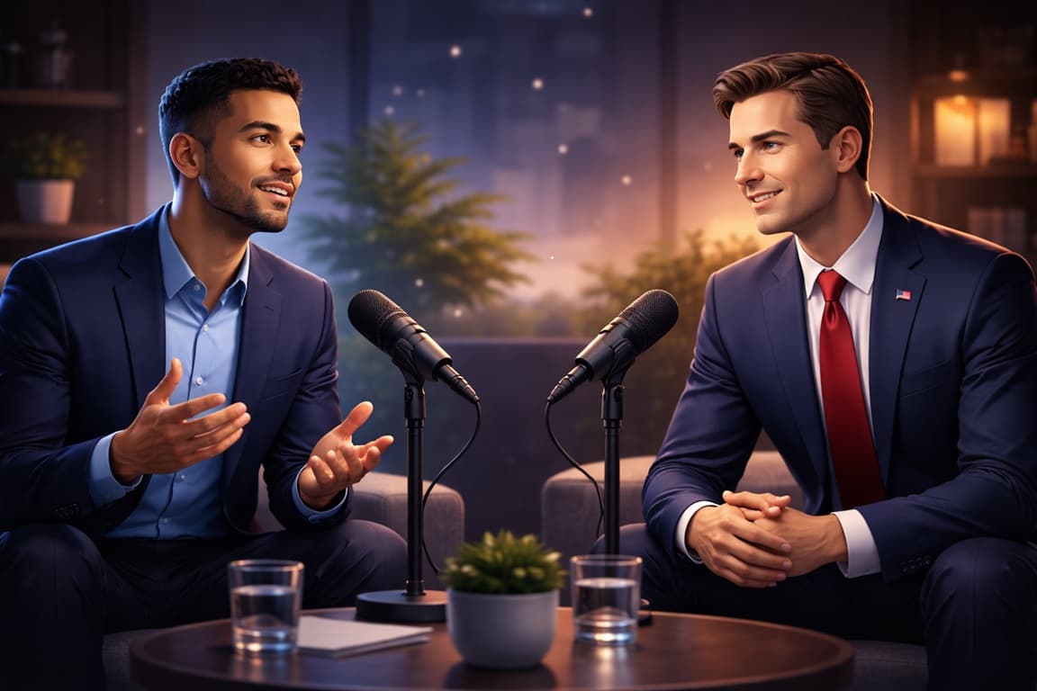Progressive and MAGA podcast-style debate visual